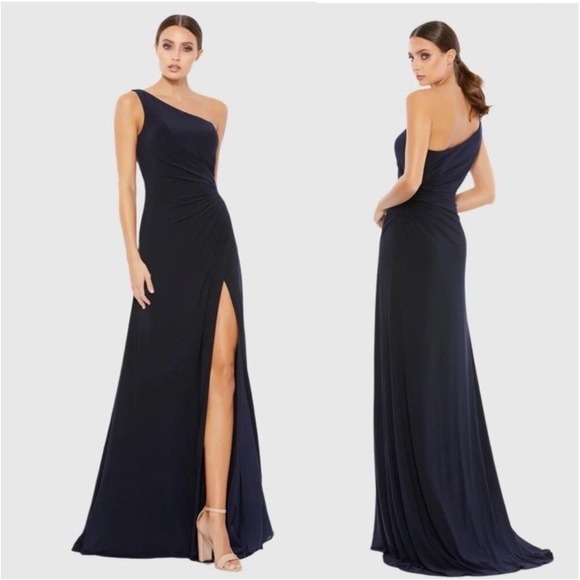 IEENA Mac Duggal‎ One Shoulder Ruched Jersey Gown Women 2 Prom Formal Midnight - Picture 1 of 14